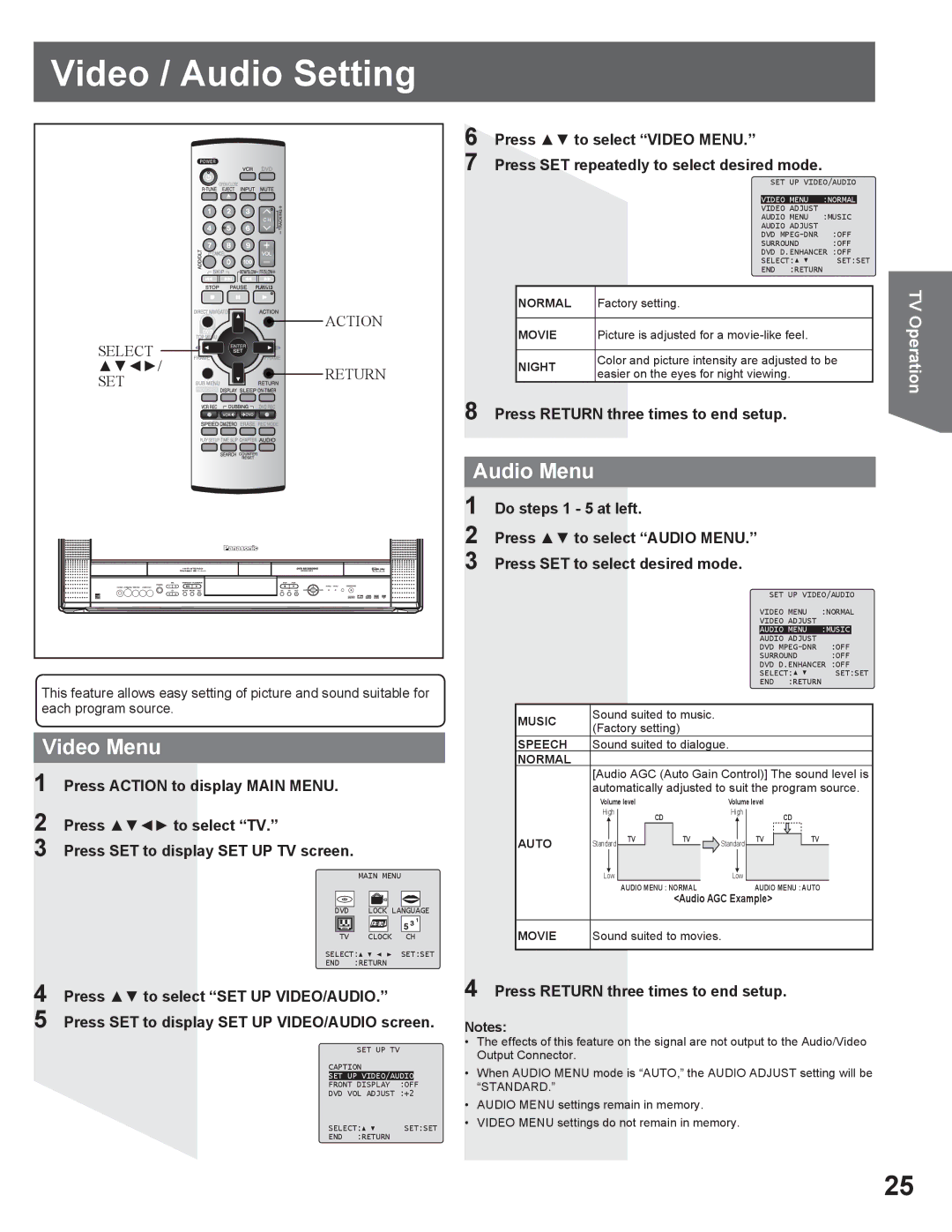 Panasonic PV DR2714 manual Video / Audio Setting, Video Menu, Audio Menu, Press Return three times to end setup 