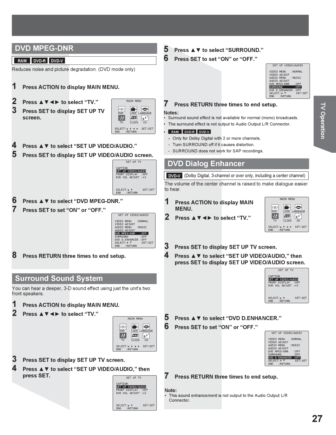 Panasonic PV DR2714 Surround Sound System, DVD Dialog Enhancer, Press Ÿź to select DVD MPEG-DNR Press SET to set on or OFF 