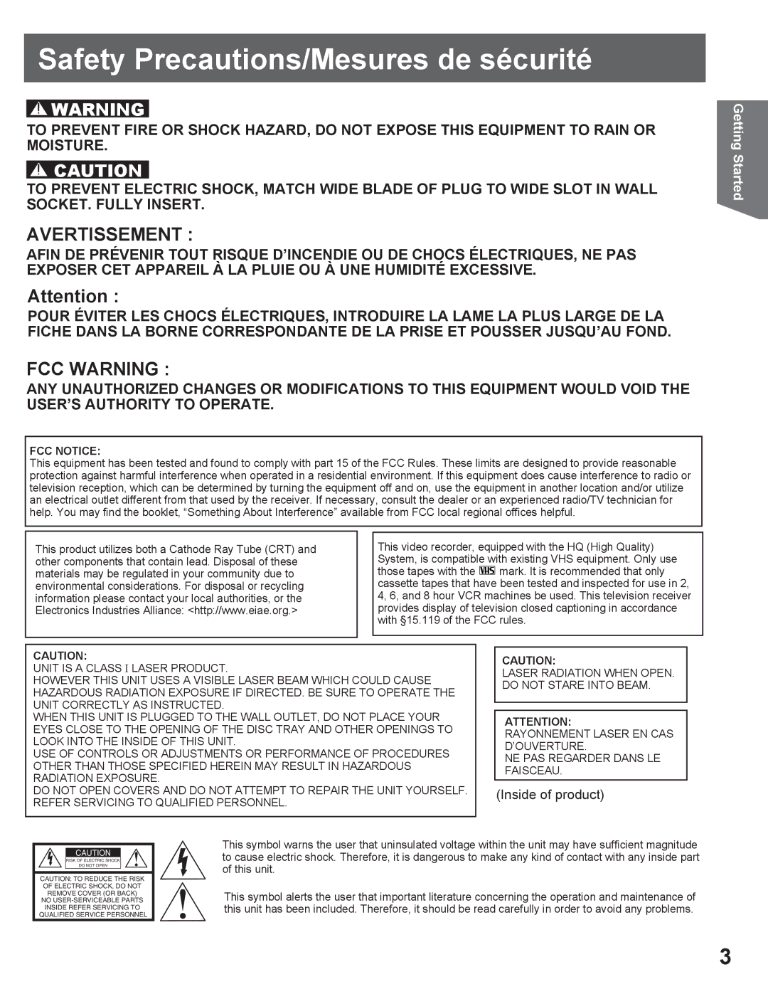 Panasonic PV DR2714 manual Safety Precautions/Mesures de sécurité 