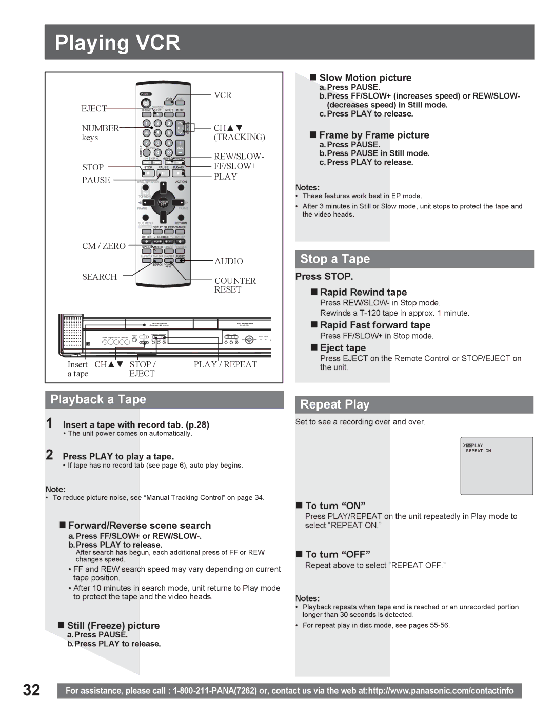 Panasonic PV DR2714 manual Playing VCR, Stop a Tape, Playback a Tape, Repeat Play 