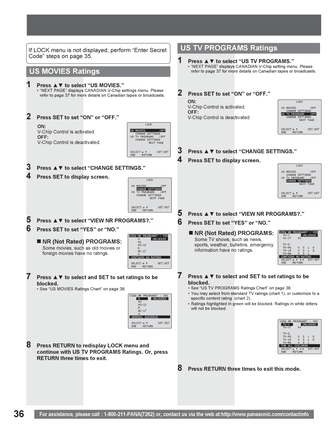 Panasonic PV DR2714 manual US Movies Ratings, US TV Programs Ratings, „ NR Not Rated Programs 