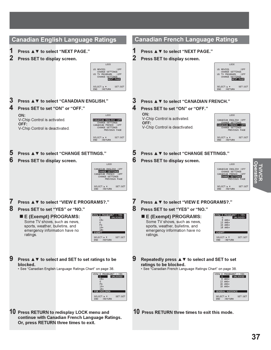 Panasonic PV DR2714 manual Canadian English Language Ratings, Canadian French Language Ratings, „ E Exempt Programs 