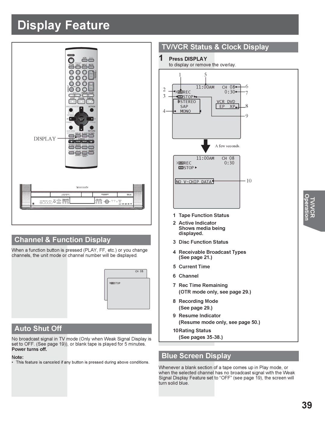 Panasonic PV DR2714 manual Display Feature, Channel & Function Display, Auto Shut Off, TV/VCR Status & Clock Display 