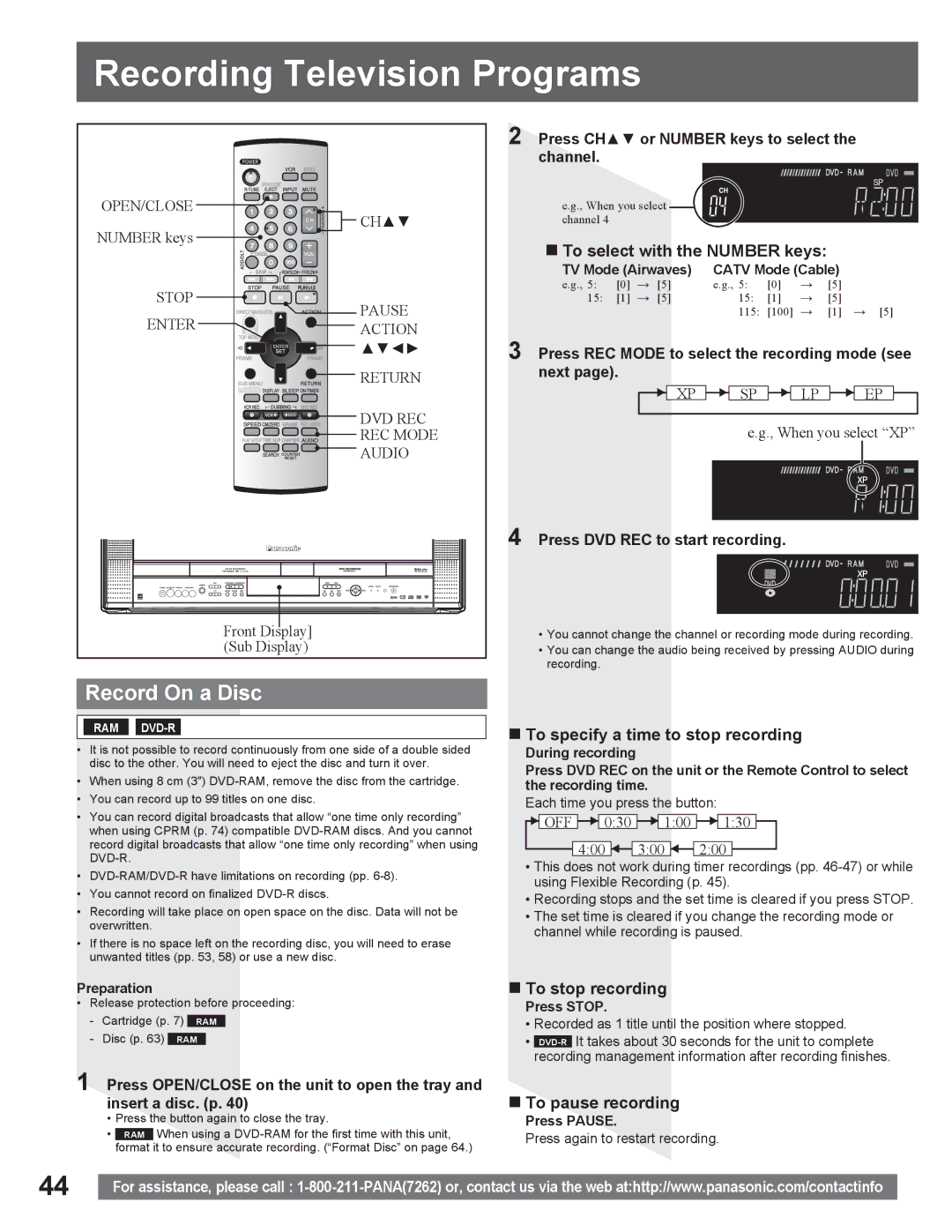 Panasonic PV DR2714 manual Record On a Disc, „ To select with the Number keys, „ To specify a time to stop recording 