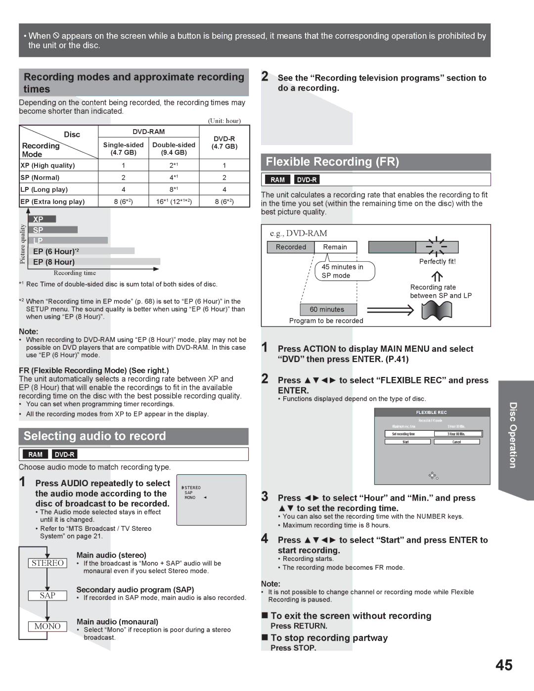 Panasonic PV DR2714 Selecting audio to record, Flexible Recording FR, Recording modes and approximate recording Times 