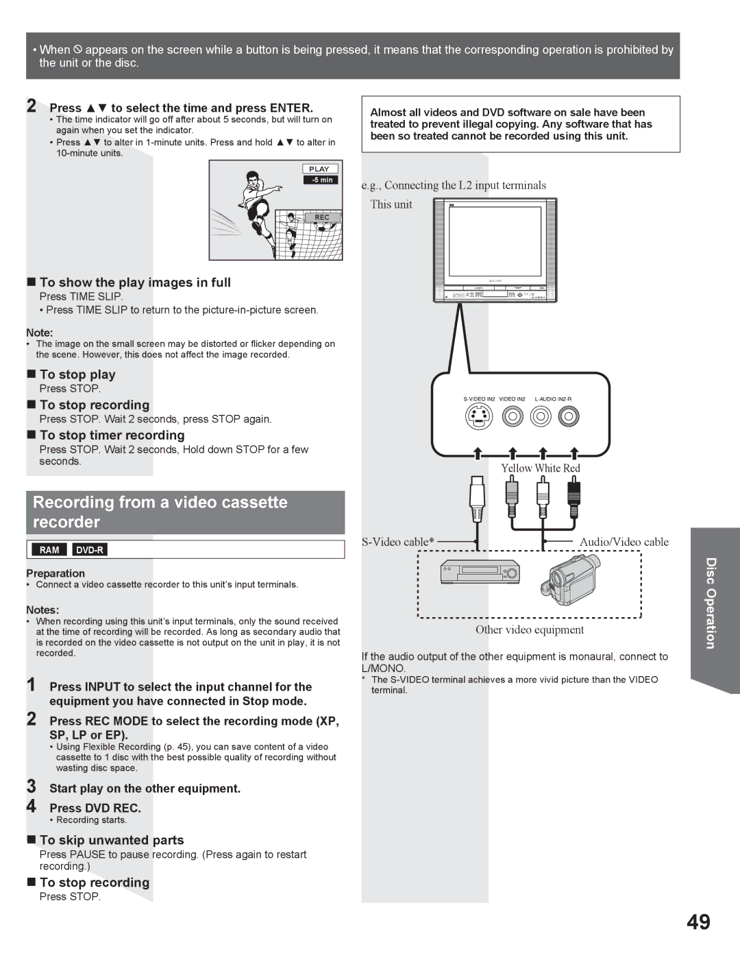 Panasonic PV DR2714 Recording from a video cassette recorder, „ To show the play images in full, „ To skip unwanted parts 