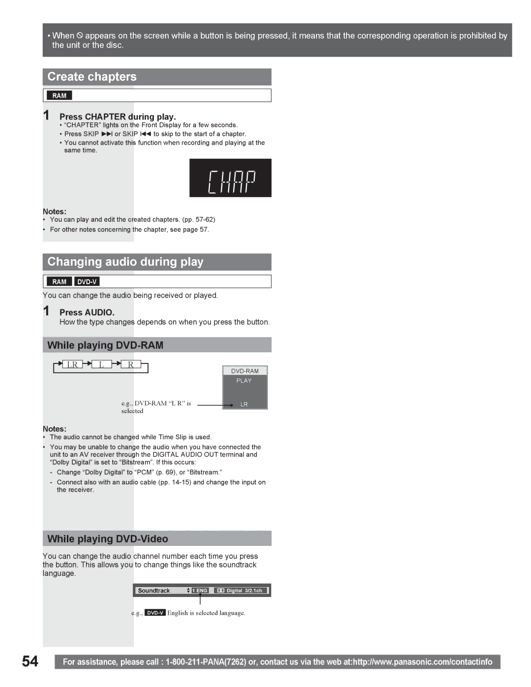 Panasonic PV DR2714 manual Create chapters, Changing audio during play, While playing DVD-RAM, While playing DVD-Video 