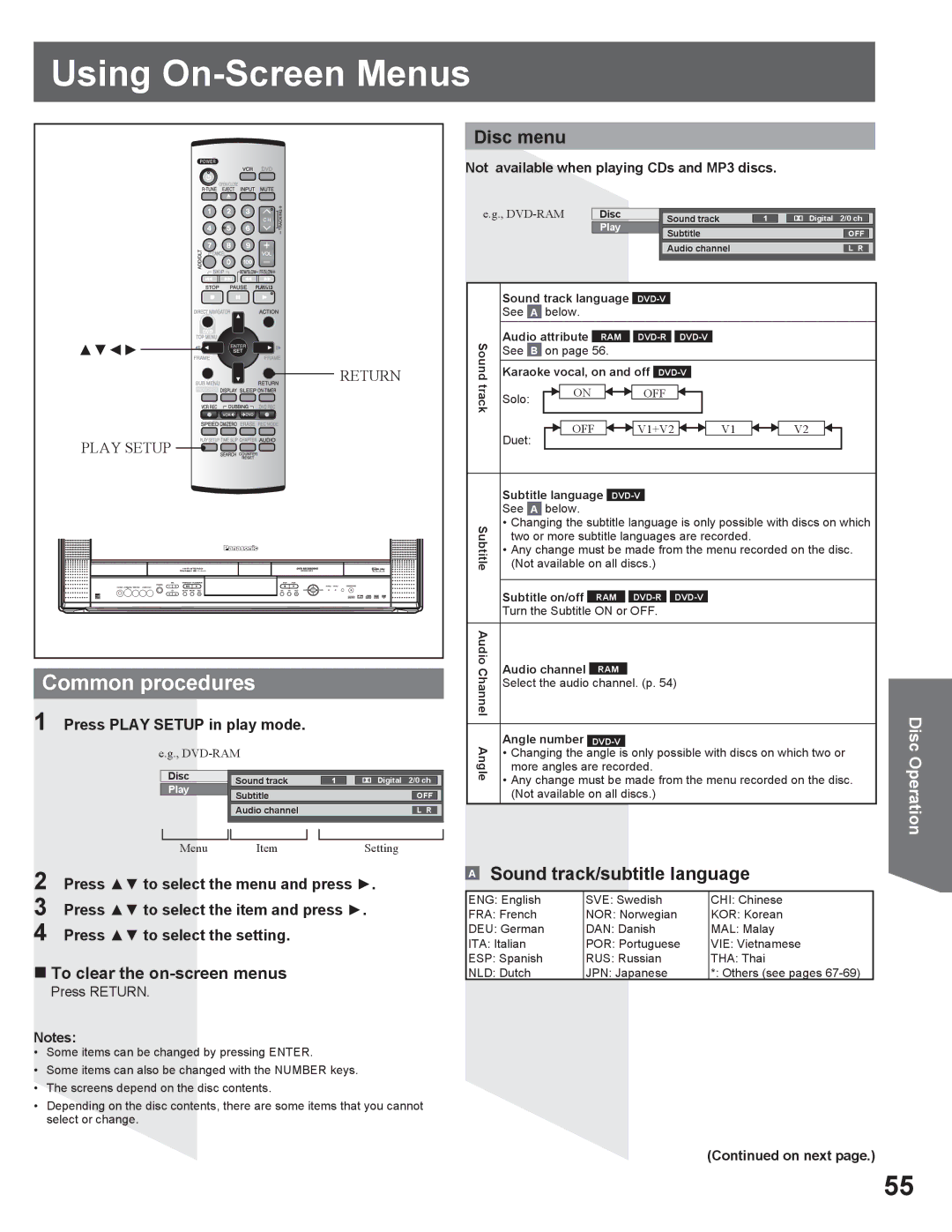 Panasonic PV DR2714 manual Using On-Screen Menus, Common procedures, Disc menu, Sound track/subtitle language 