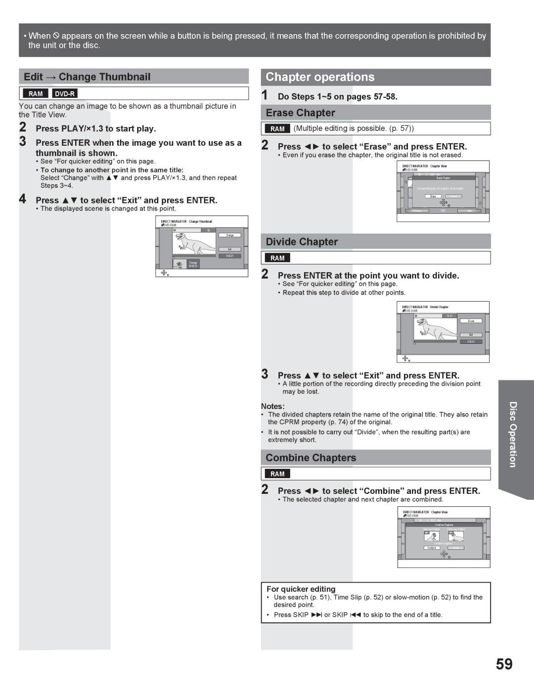 Panasonic PV DR2714 manual Chapter operations, Edit Change Thumbnail, Divide Chapter, Combine Chapters 