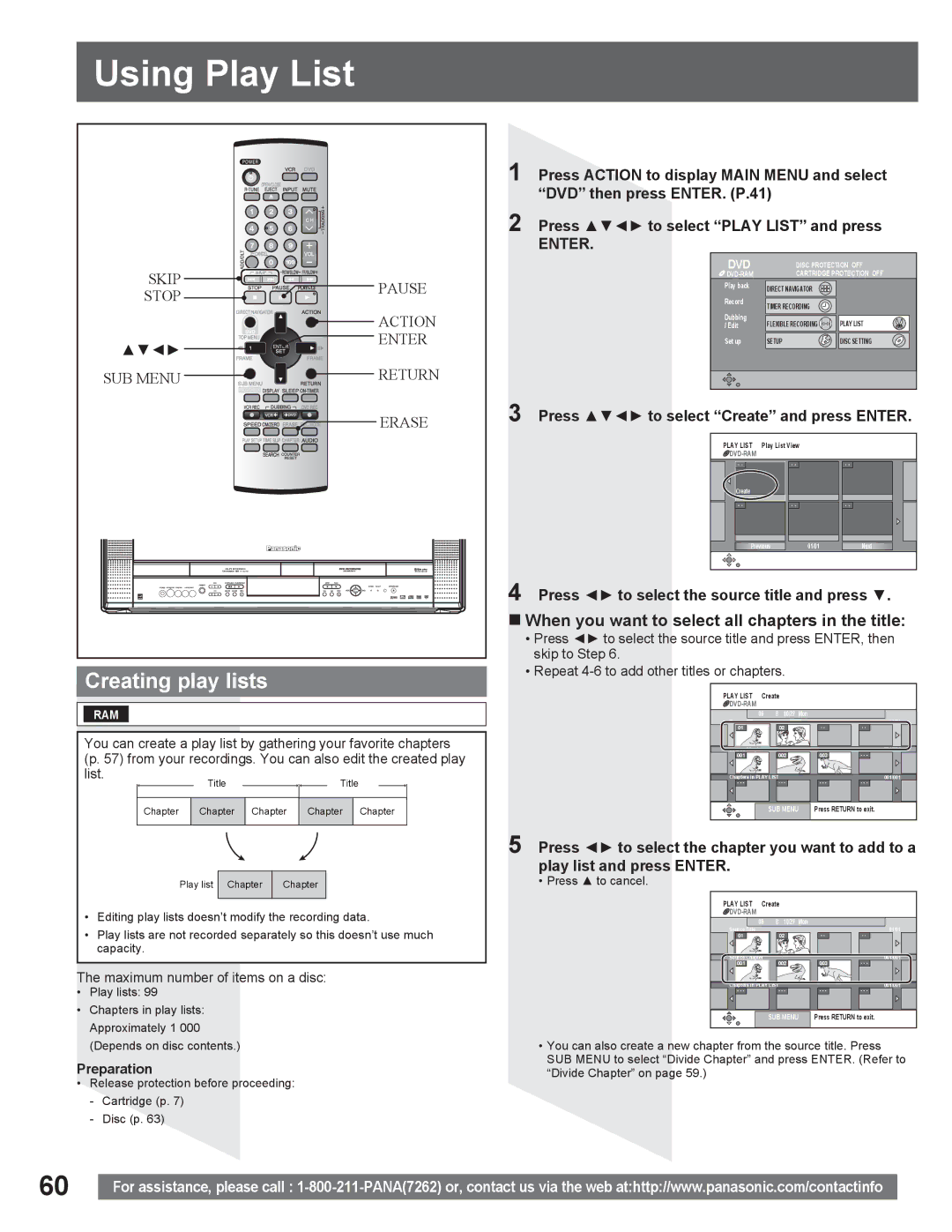 Panasonic PV DR2714 manual Using Play List, Creating play lists, „ When you want to select all chapters in the title 