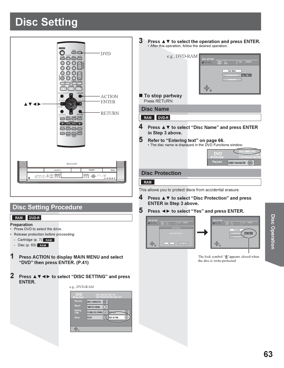 Panasonic PV DR2714 manual Disc Setting Procedure, Disc Name, Disc Protection, „ To stop partway 