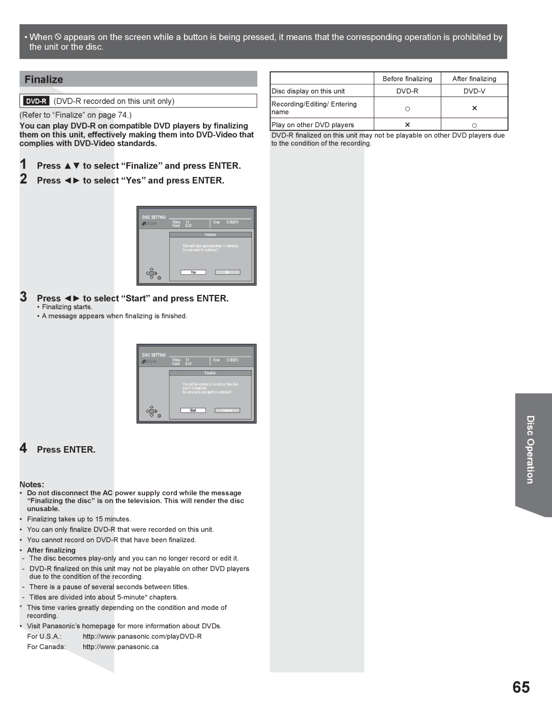 Panasonic PV DR2714 manual DVD-RDVD-R recorded on this unit only Refer to Finalize on 