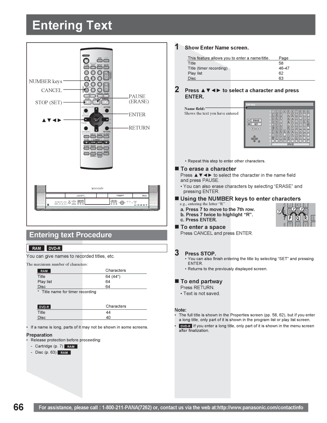 Panasonic PV DR2714 manual Entering Text, Entering text Procedure 