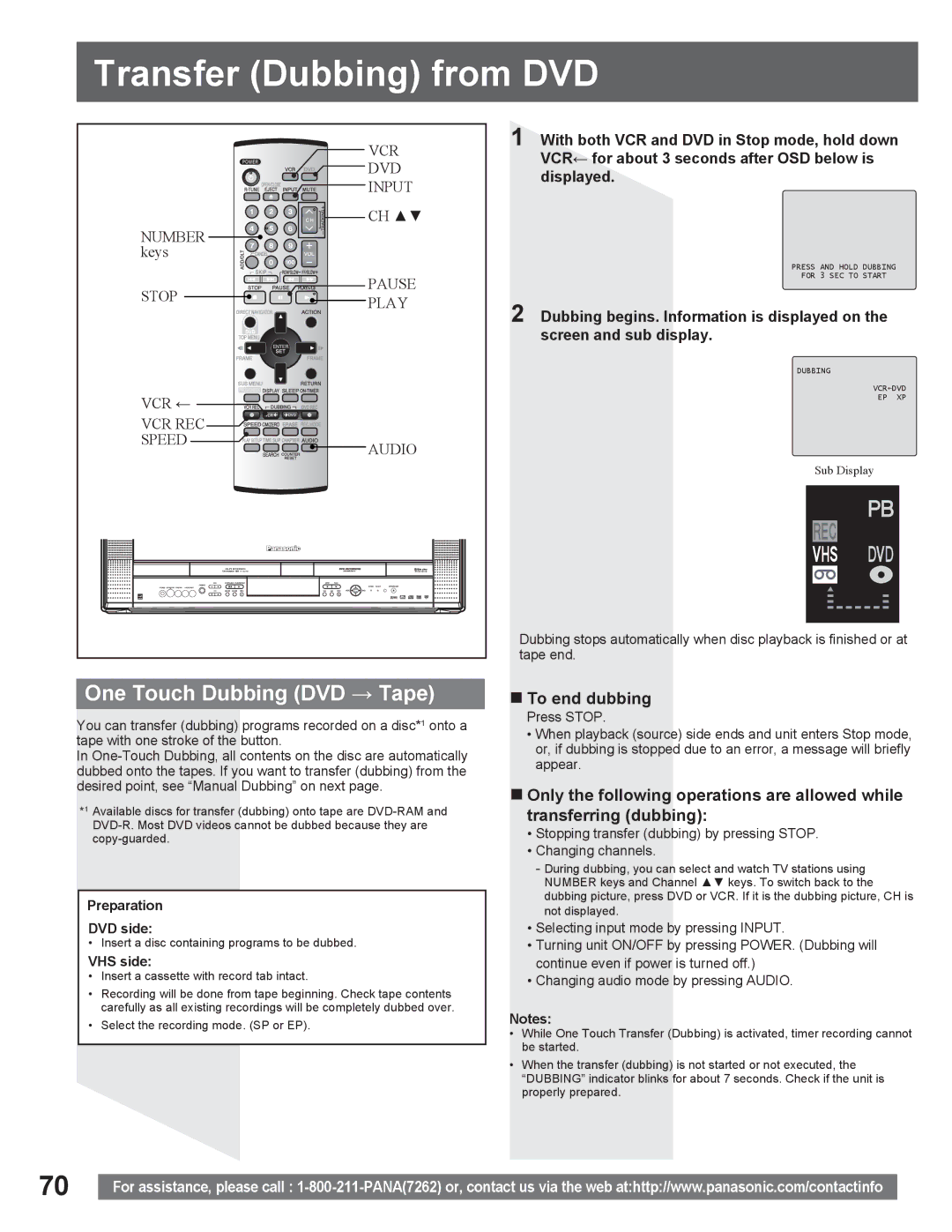 Panasonic PV DR2714 manual Transfer Dubbing from DVD, One Touch Dubbing DVD Tape, „ To end dubbing, Preparation DVD side 