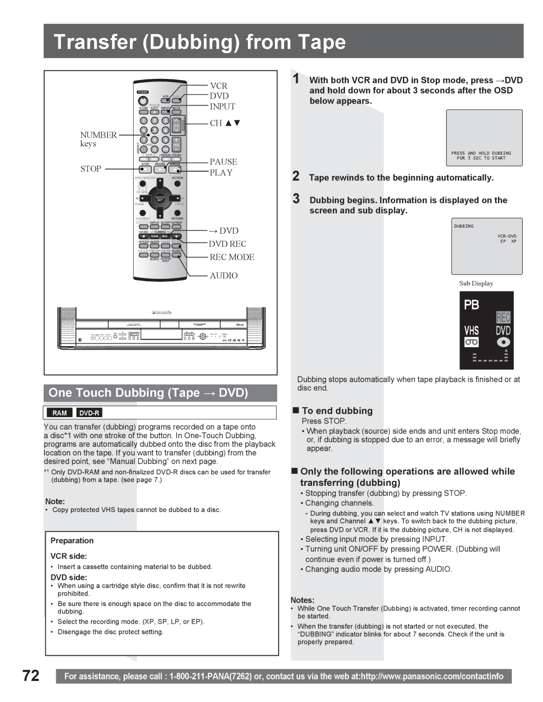 Panasonic PV DR2714 manual Transfer Dubbing from Tape, One Touch Dubbing Tape, Preparation VCR side 