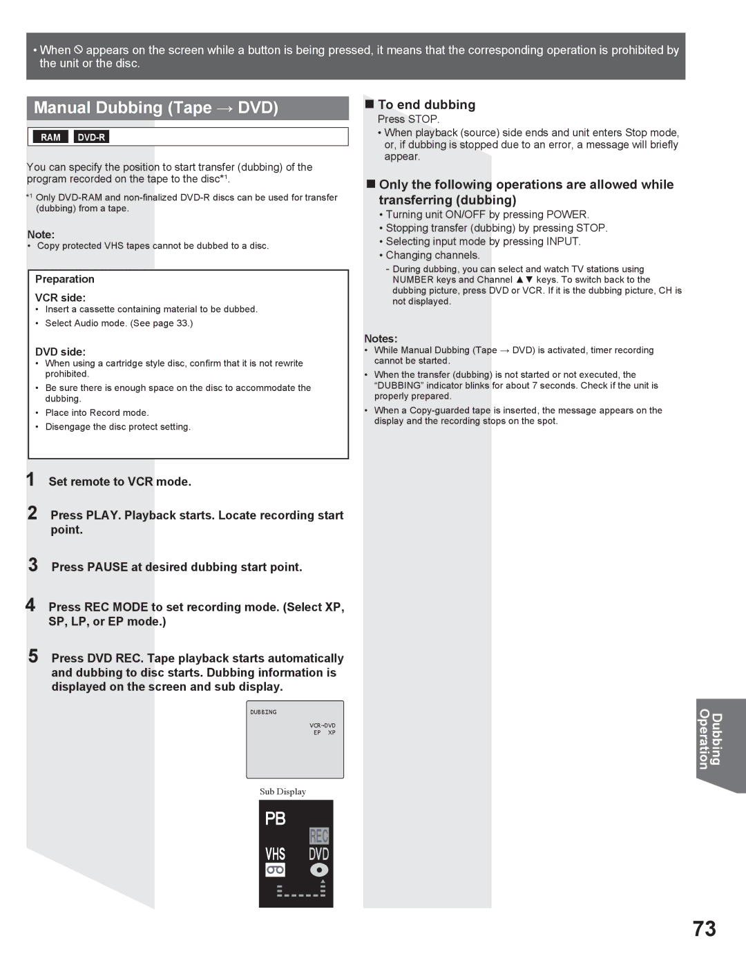 Panasonic PV DR2714 manual Manual Dubbing Tape DVD 