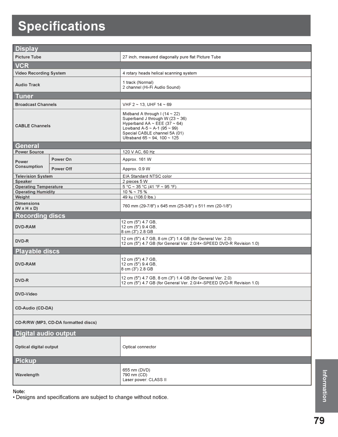 Panasonic PV DR2714 manual Specifications 