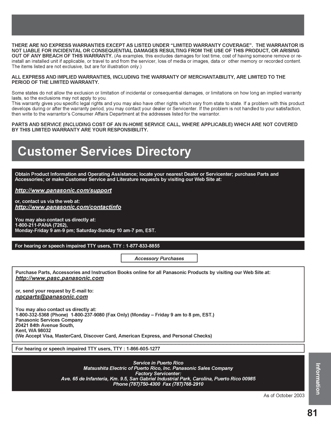 Panasonic PV DR2714 manual Customer Services Directory, As of October 