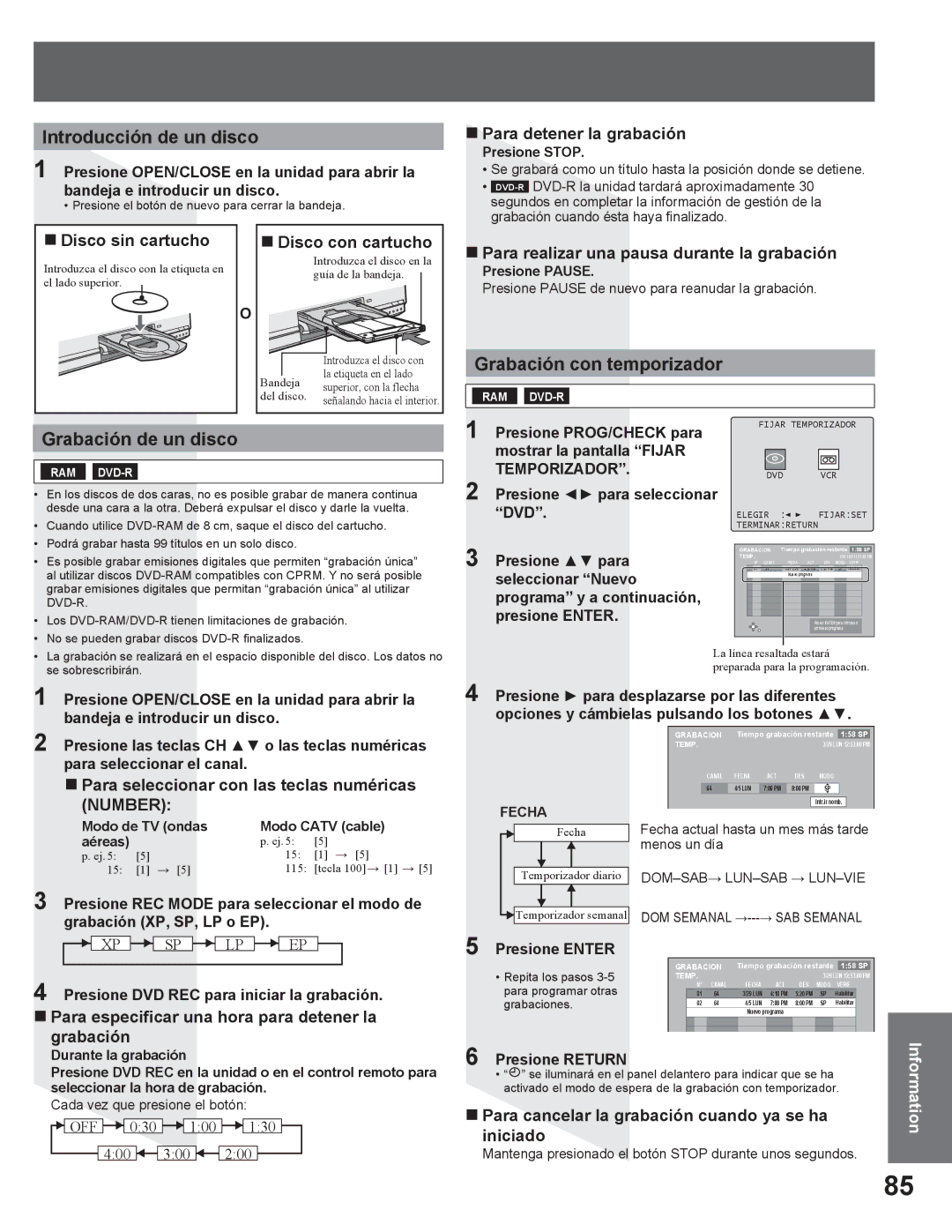 Panasonic PV DR2714 manual Introducción de un disco, Grabación de un disco 