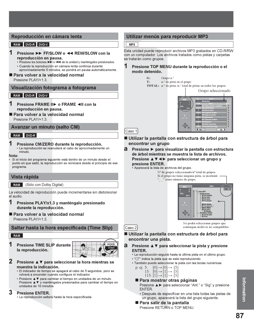 Panasonic PV DR2714 Reproducción en cámara lenta, Visualización fotograma a fotograma, Utilizar menús para reproducir MP3 