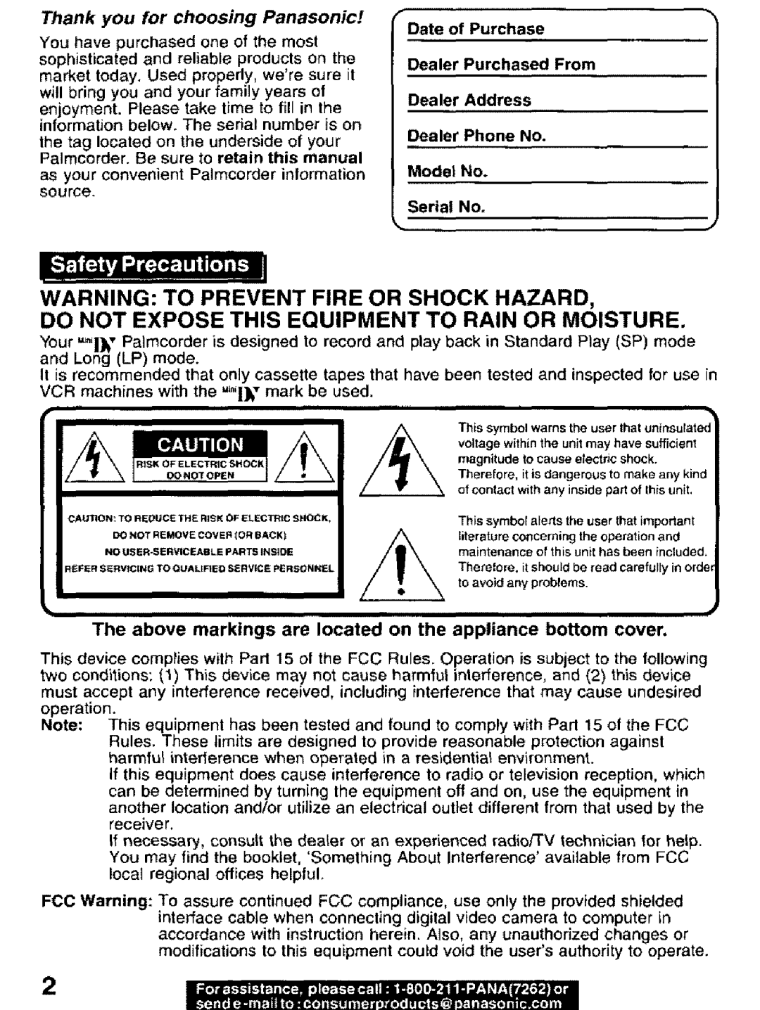 Panasonic PV-DV101 manual Above markings are located on the appliance bottom cover, For choosing Panasonic 