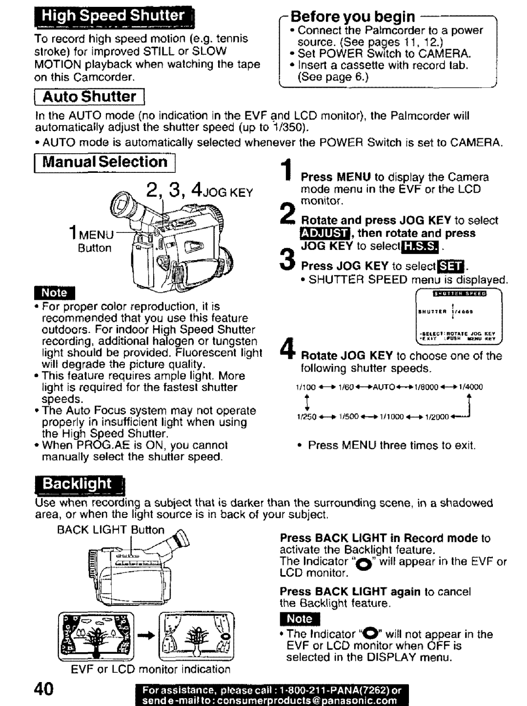 Panasonic PV-DV101 manual Auto Shutter, Rotate JOG KEY to chooseEXlT aPUone of they, Back Light in Record mode to 