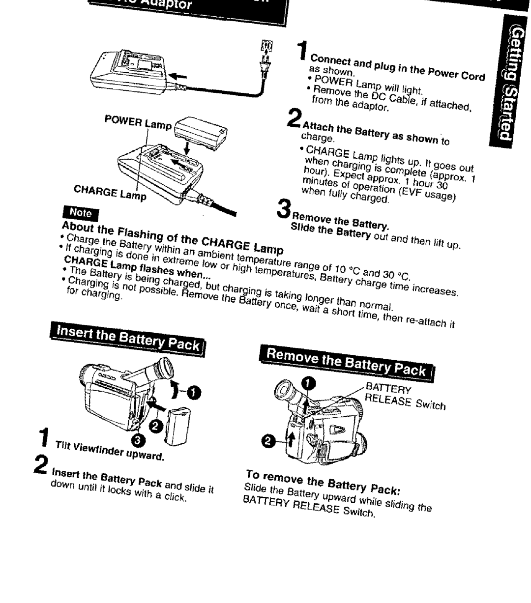 Panasonic PV-DV101 manual POWER Lamp CHARG About the Flashing of the CHARGE Lamp 