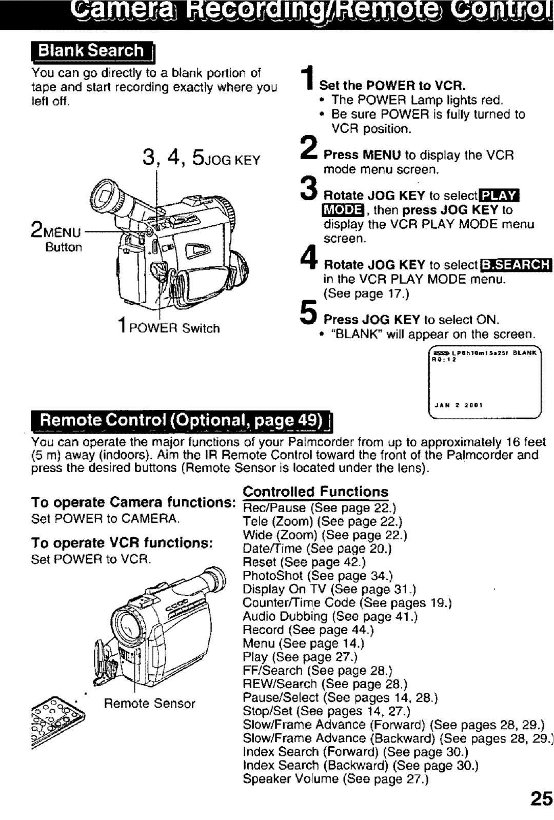 Panasonic PV-DV101 manual 3, 4, 5JOGKEY, l q .. .IIi I I11t, =m q i....B, To operate Camera functions Set POWER to CAMERA 