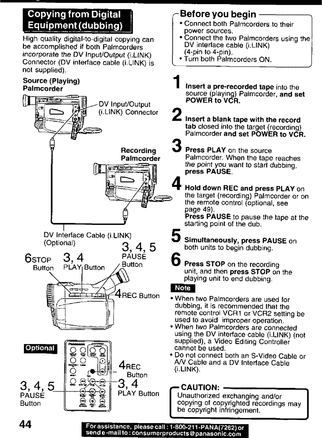 Panasonic PV-DV101 manual O t onal, 3, 4, 3,4,5, 6STOP 3, Pause, RECSutton, Before you begin 
