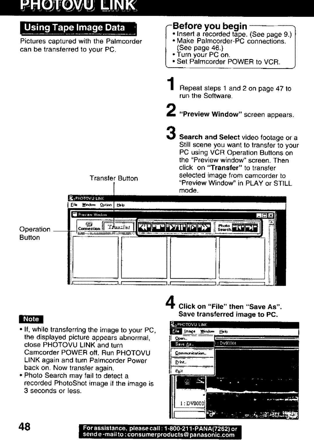 Panasonic PV-DV101 manual Before you begin, Search and Select video footage or a, Transfer Button 