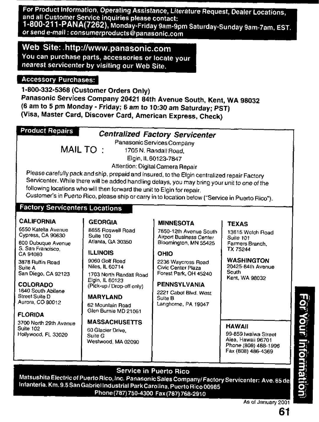 Panasonic PV-DV101 manual Mail, 170SNRandallnoad, Centralized, Factory, Servicenter, of the, Center, S, San Francisco, 2221 