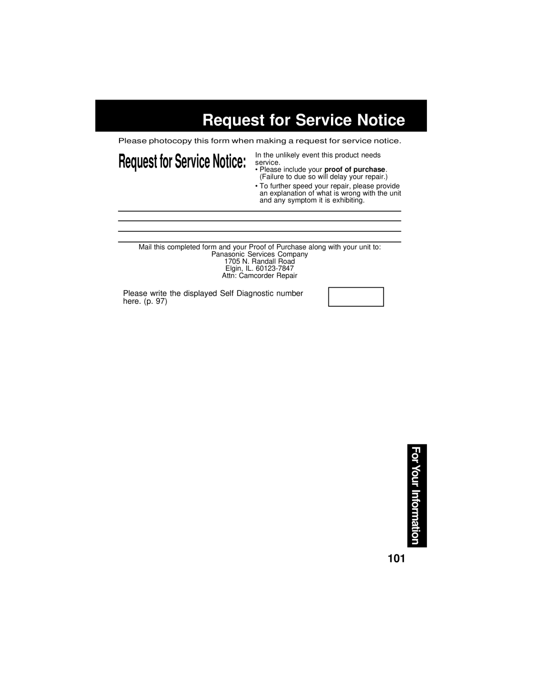 Panasonic PV-DV202 operating instructions Request for Service Notice 