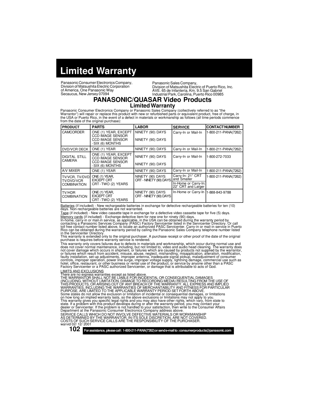 Panasonic PV-DV202 operating instructions Limited Warranty 