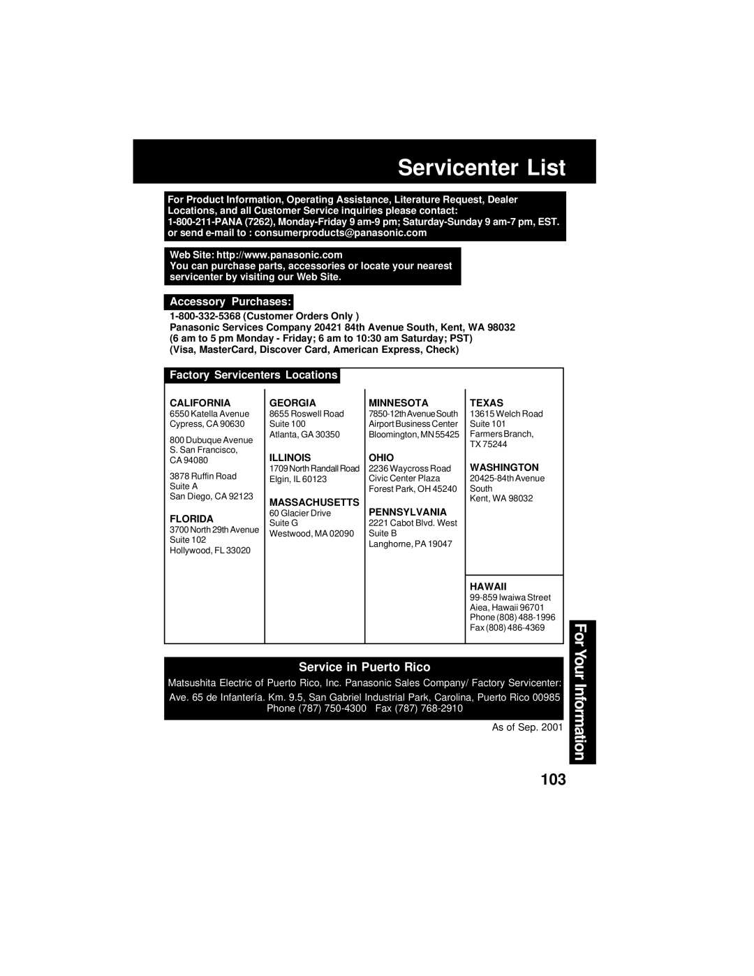 Panasonic PV-DV202 operating instructions Servicenter List, Service in Puerto Rico 