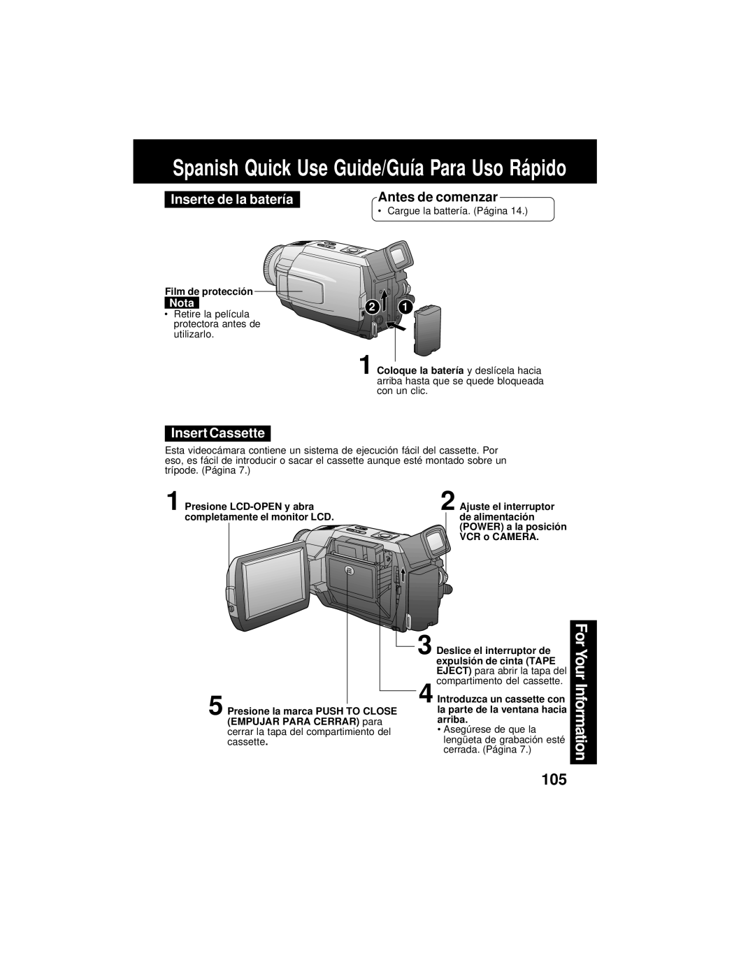 Panasonic PV-DV202 operating instructions Inserte de la batería, Antes de comenzar, Film de protecció n 