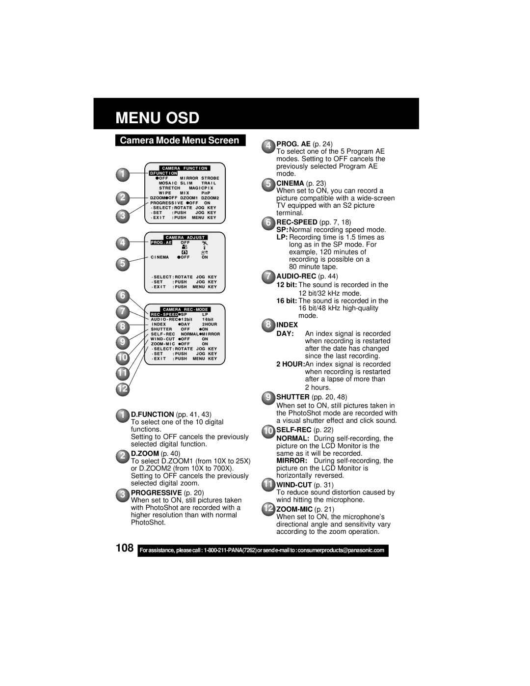 Panasonic PV-DV202 operating instructions Camera Mode Menu Screen 10 11, Index 