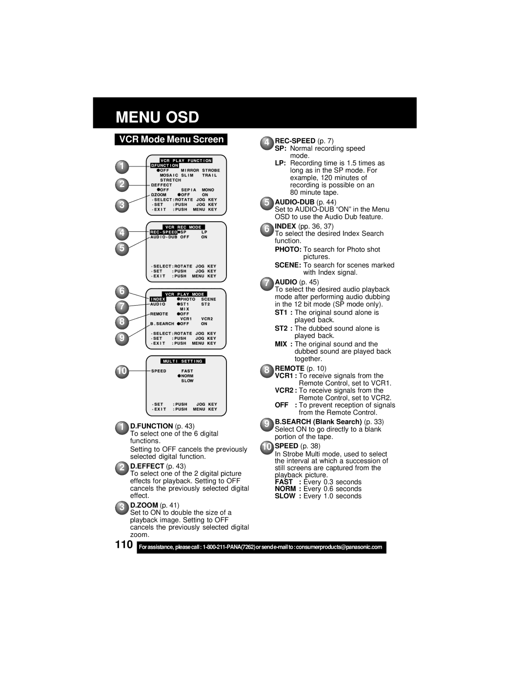 Panasonic PV-DV202 operating instructions VCR Mode Menu Screen 