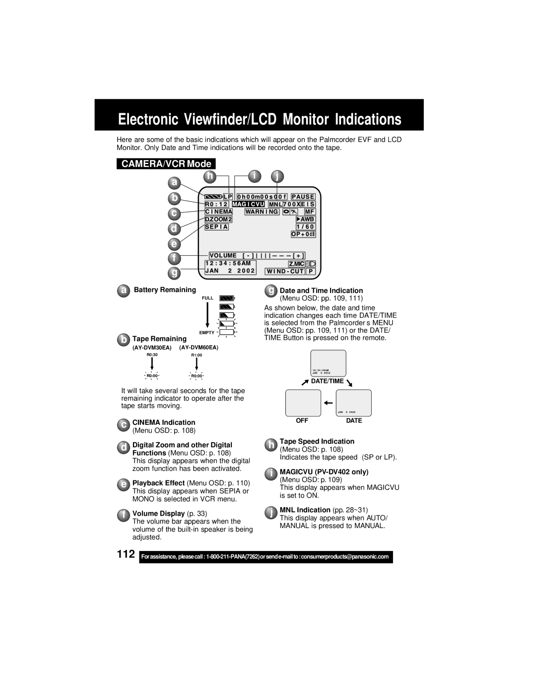 Panasonic PV-DV202 operating instructions CAMERA/VCR Mode 