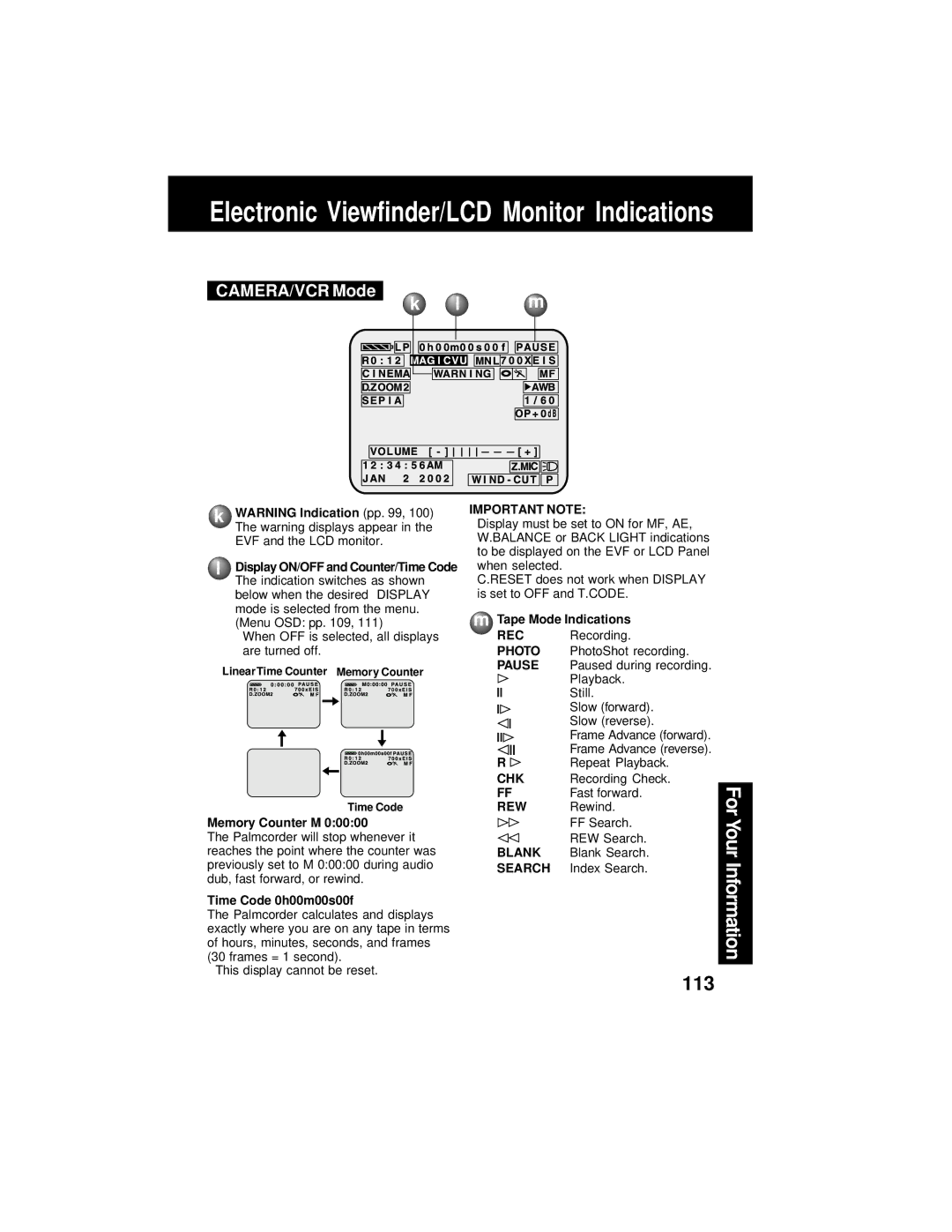 Panasonic PV-DV202 operating instructions Important Note, Photo, Chk 