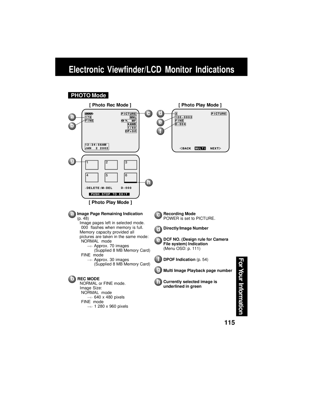 Panasonic PV-DV202 Photo Mode, Photo Rec Mode Photo Play Mode, Image Page Remaining Indication, REC Mode, Recording Mode 