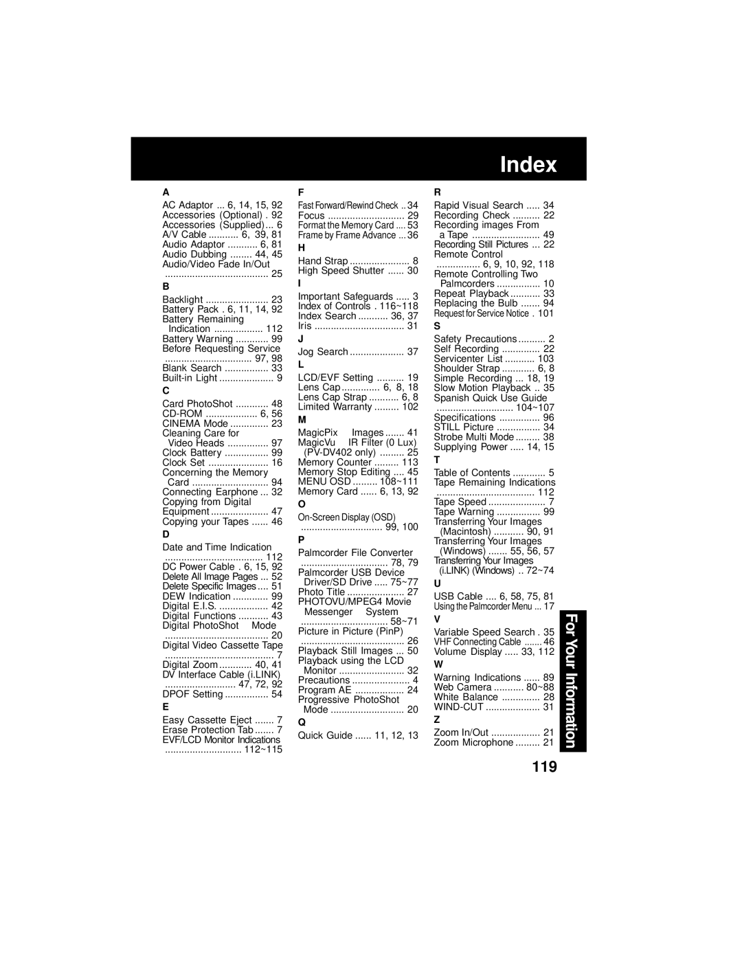 Panasonic PV-DV202 operating instructions Index, Cd-Rom, Menu OSD 