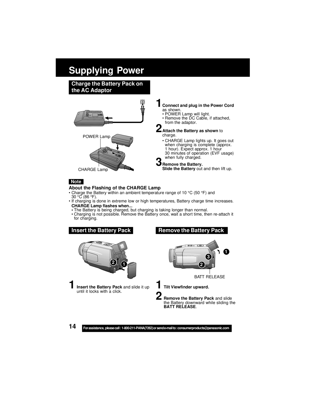 Panasonic PV-DV202 Supplying Power, Charge the Battery Pack on the AC Adaptor, About the Flashing of the Charge Lamp 