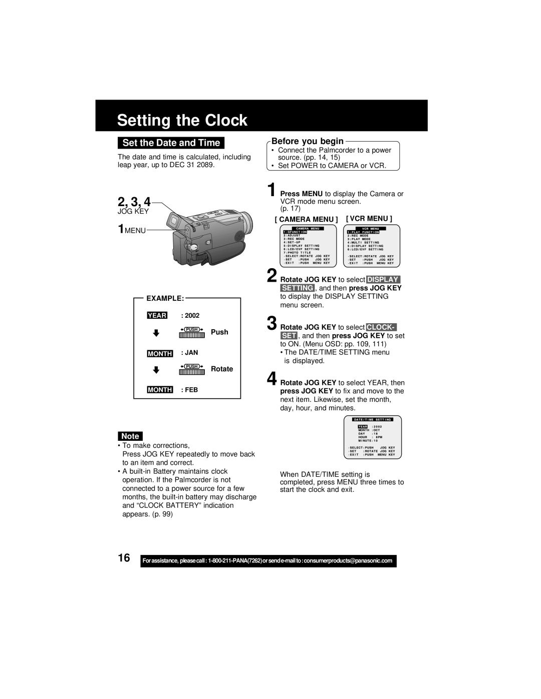 Panasonic PV-DV202 Setting the Clock, Set the Date and Time, Example, Push Rotate, Camera Menu VCR Menu 