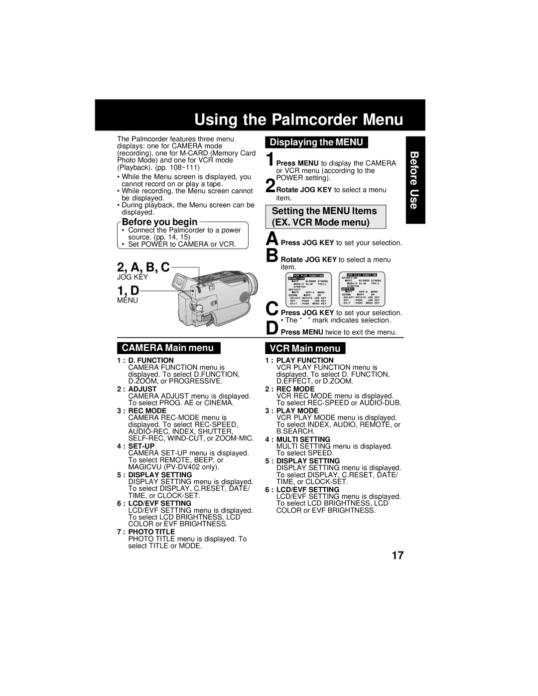 Panasonic PV-DV202 Using the Palmcorder Menu, Displaying the Menu, Setting the Menu Items EX. VCR Mode menu 