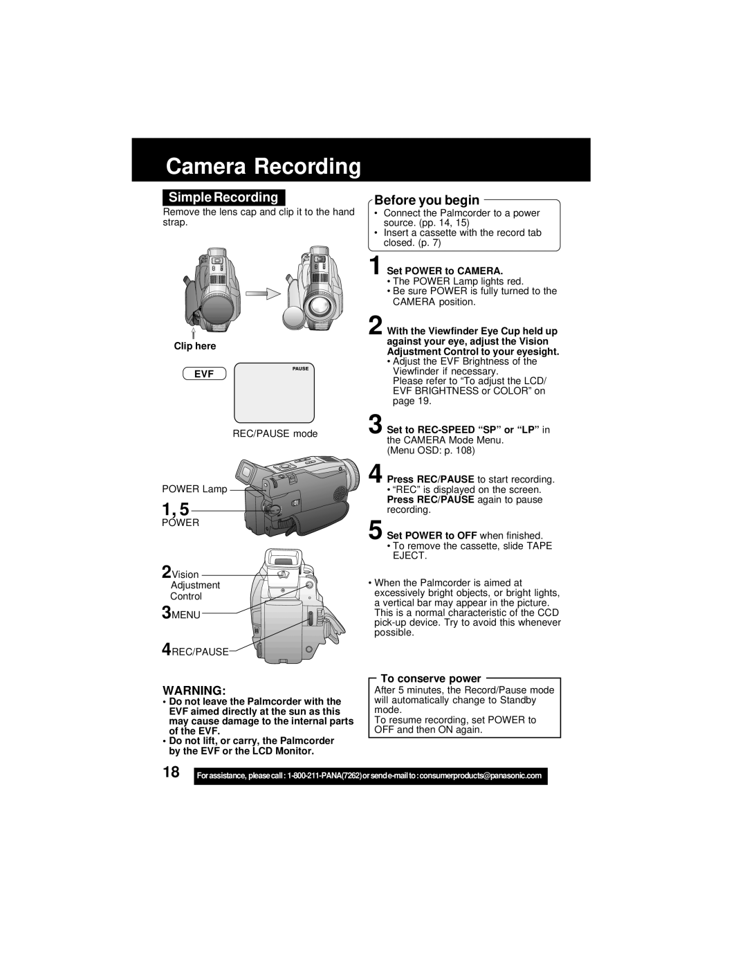 Panasonic PV-DV202 operating instructions Camera Recording, Simple Recording, To conserve power, Evf 