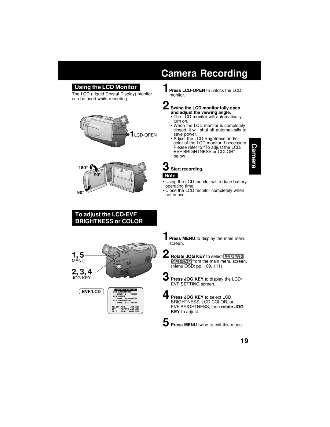 Panasonic PV-DV202 Using the LCD Monitor, To adjust the LCD/EVF Brightness or Color, Start recording, Evf/Lcd 