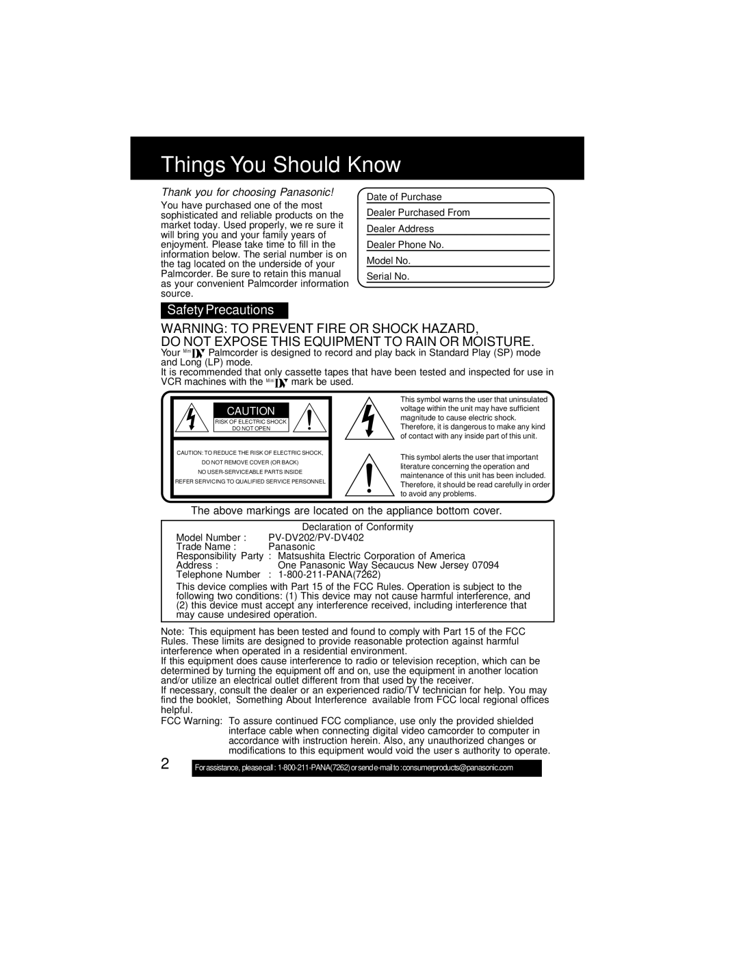 Panasonic PV-DV202 Things You Should Know, Safety Precautions, Above markings are located on the appliance bottom cover 