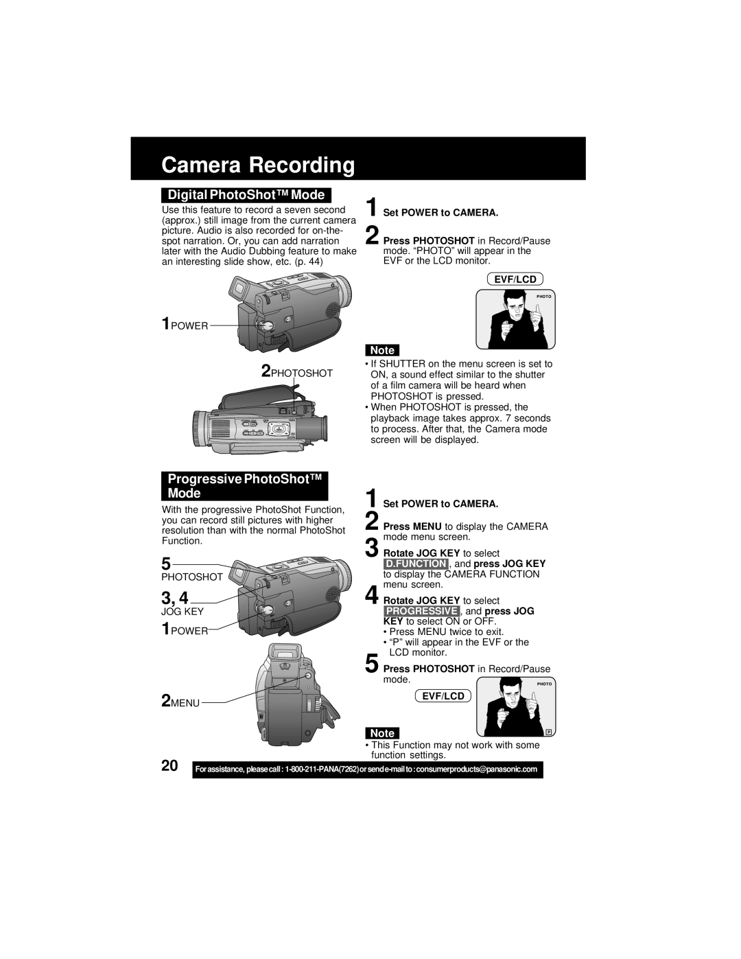 Panasonic PV-DV202 operating instructions Digital PhotoShot Mode, Progressive PhotoShot Mode, Set Power to Camera 