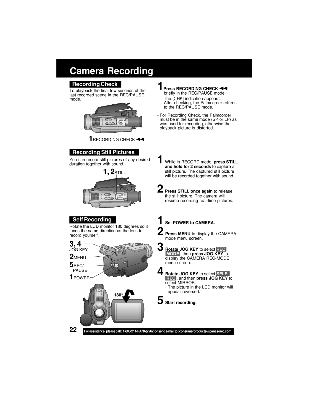 Panasonic PV-DV202 Recording Still Pictures, Self Recording, 1Press Recording Check, Press Still once again to release 