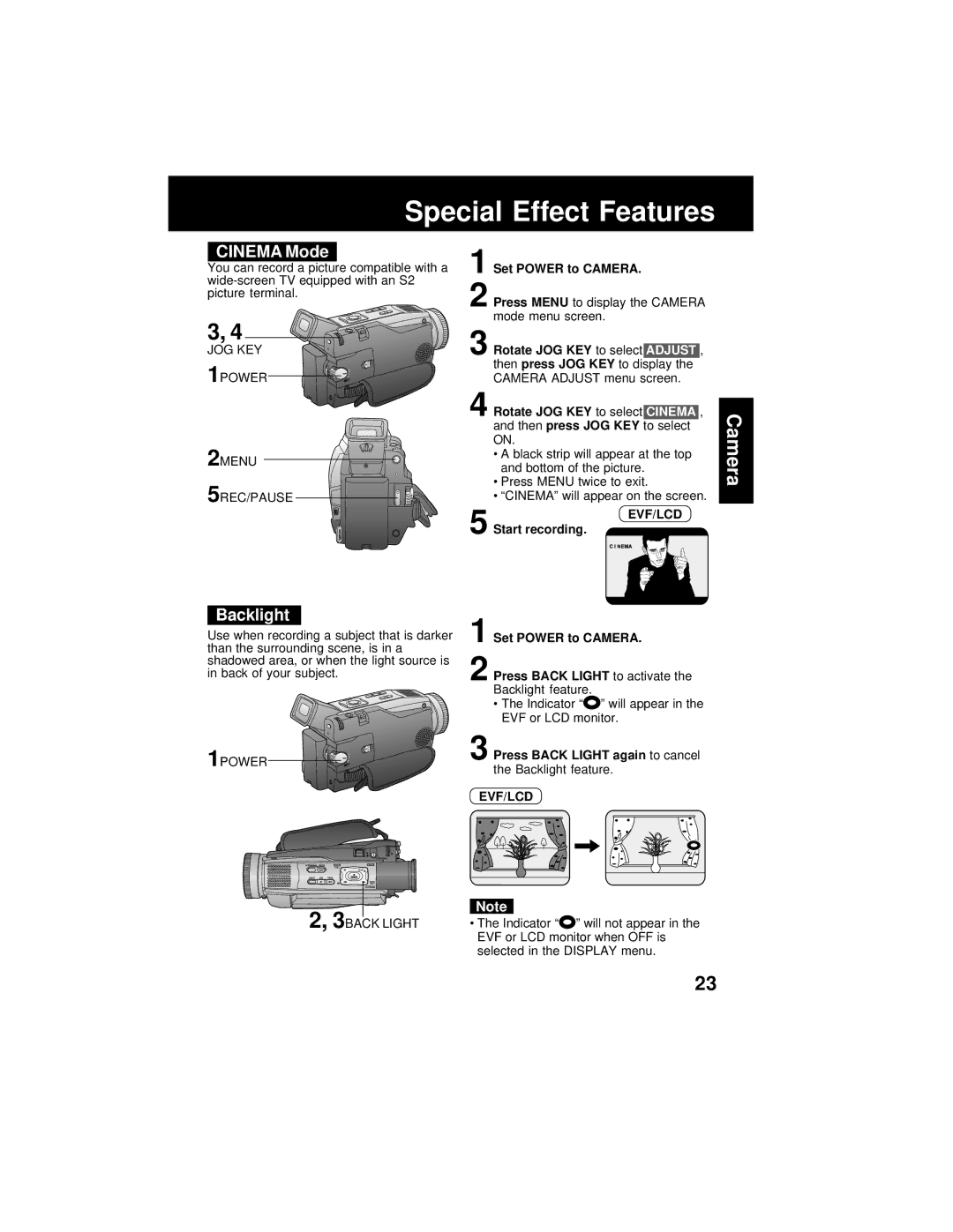 Panasonic PV-DV202 Special Effect Features, Cinema Mode, Press Back Light again to cancel the Backlight feature 